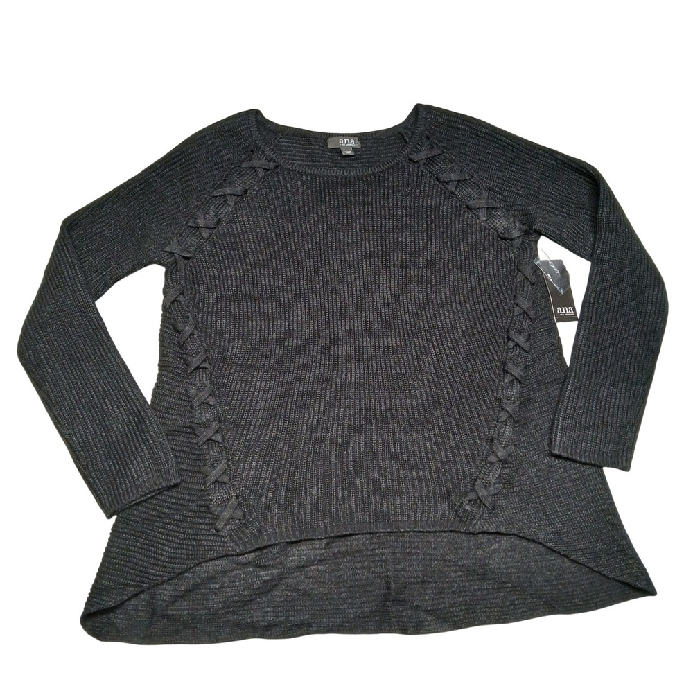 ana A New Approach Womens Black Lace Up‎ Ribbed High Low Sweater Large NWT